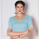 Stay On Trend: Latest Fashion Readymade Blouses for Women,round neckline,elbow sleeves with back bow detail and swarovski work on sleeves and back cut-out.32030