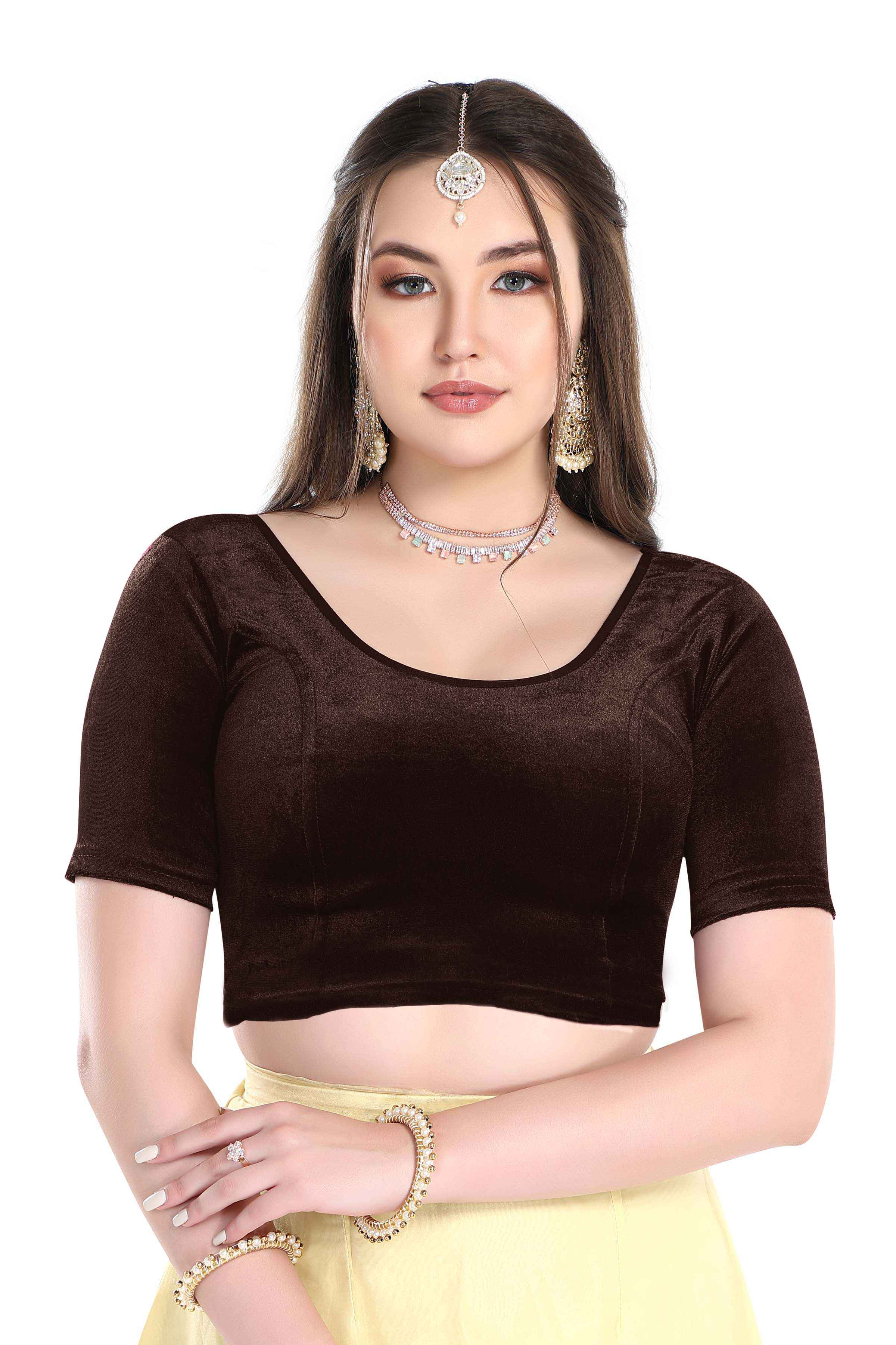 FINESTFIT Stay On Trend: Latest Fashion Readymade Blouses for Women,Round Neckline with Velvet Elbow Sleeves-1036