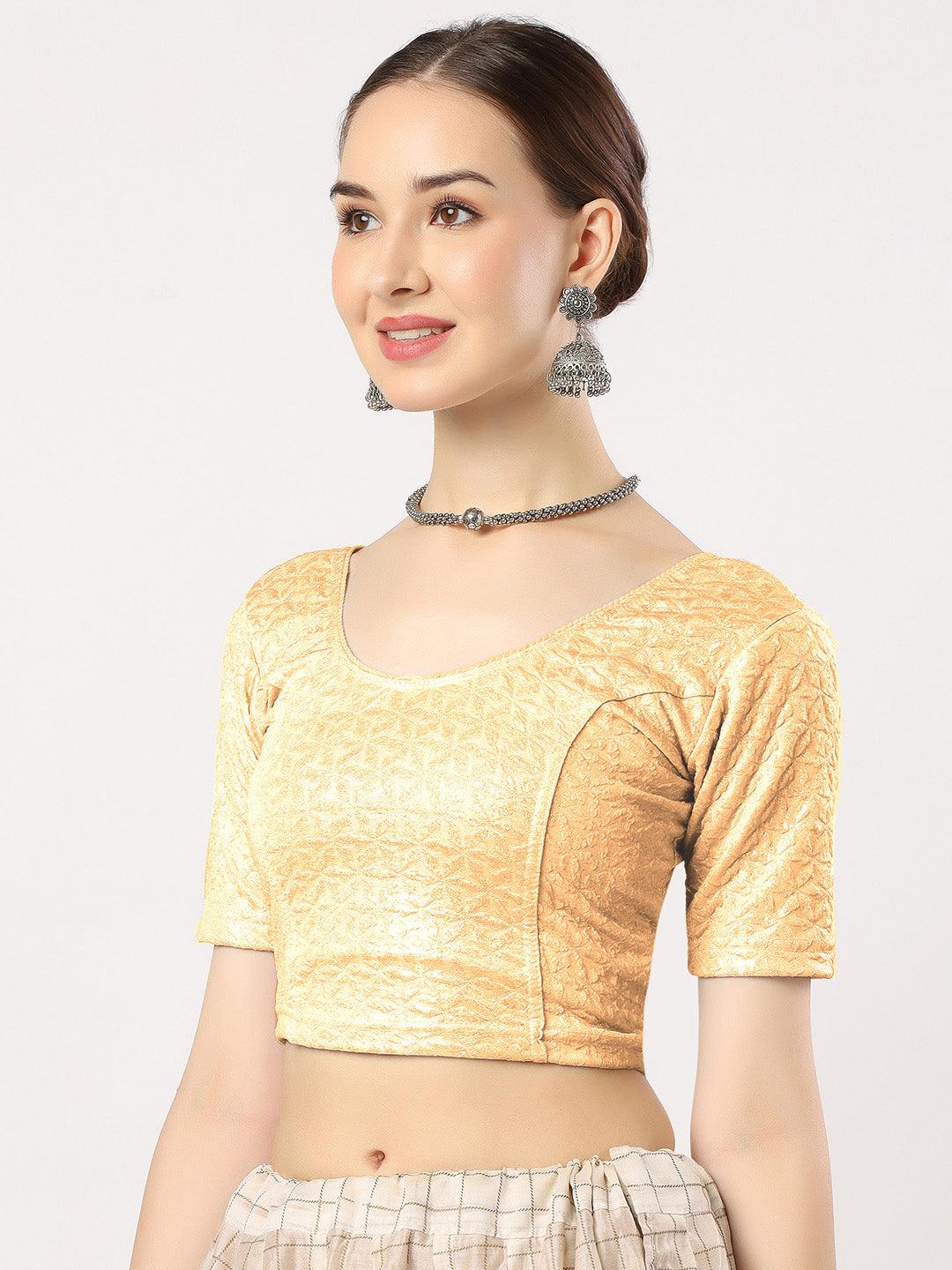 Stay On Trend: Latest Fashion Readymade Blouses for Women,round neckline,elbow sleeves in shimmer textured fabric.28008.