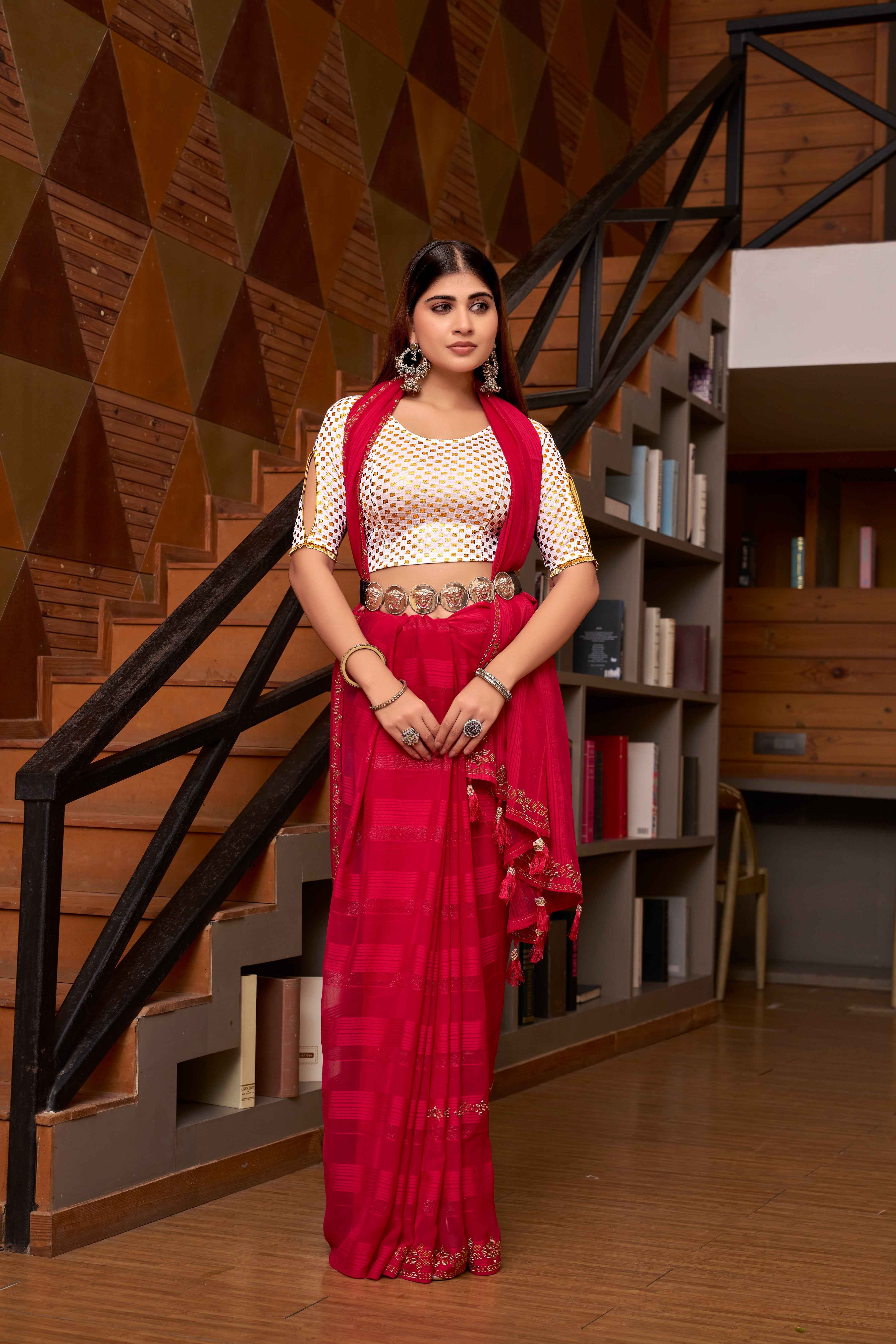 Stay On Trend: Latest Fashion Readymade Blouses for Women,round neckline ,keyhole cut-out sleeves and adorned with golden frill around .1315