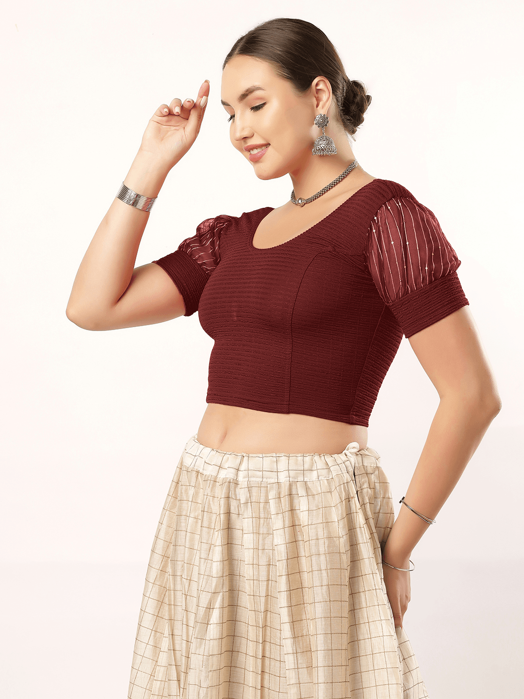 Stay On Trend: Latest Fashion Readymade Blouses for Women,round neckline,organza balloon sleeves and fabric cuff.5985.