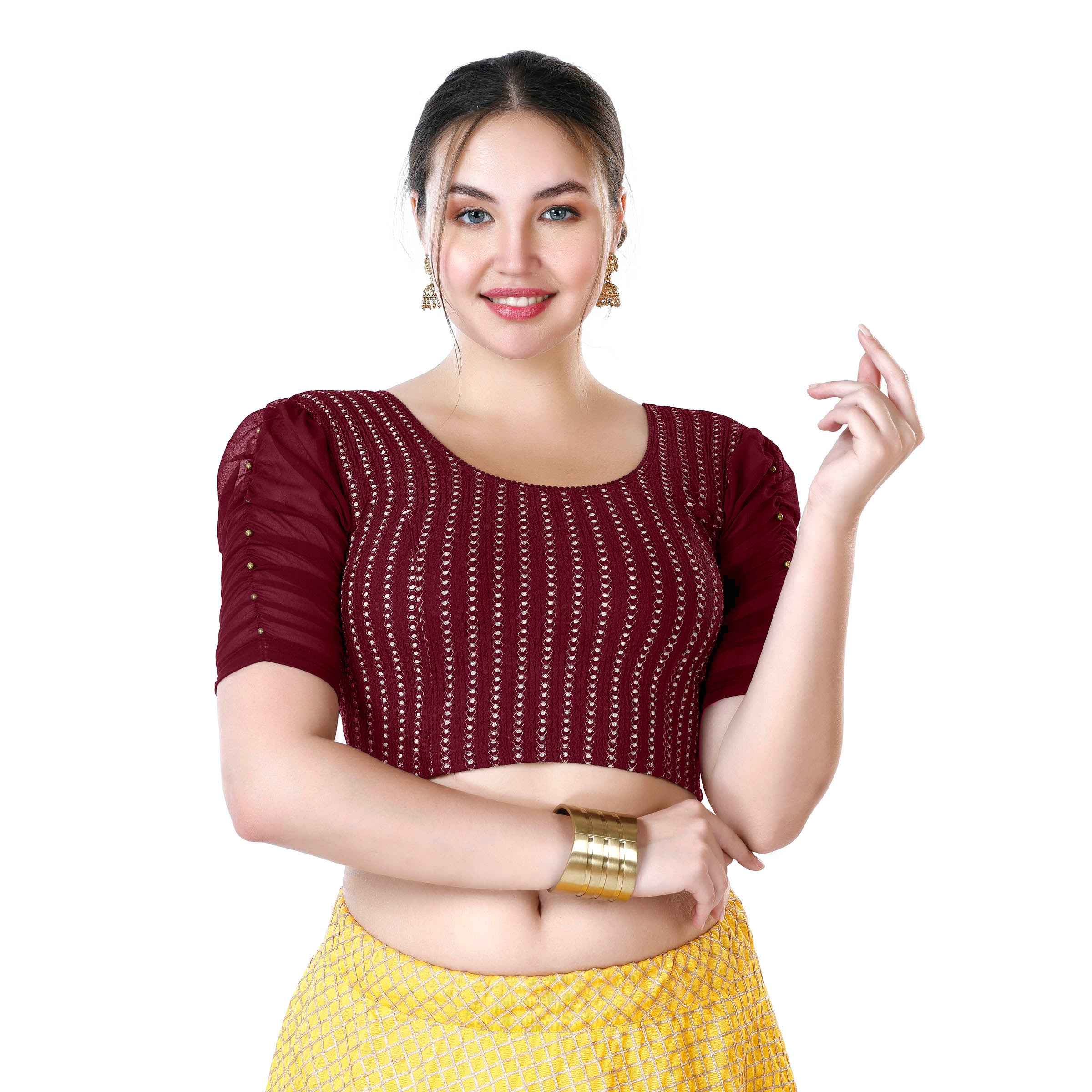 Stay On Trend: Latest Fashion Readymade Blouses for Women,round neckline,georgette ruched style sleeves with pearls embedded on the centre of the sleeve.33033