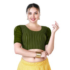 Stay On Trend: Latest Fashion Readymade Blouses for Women,round neckline,georgette ruched style sleeves with pearls embedded on the centre of the sleeve.33033