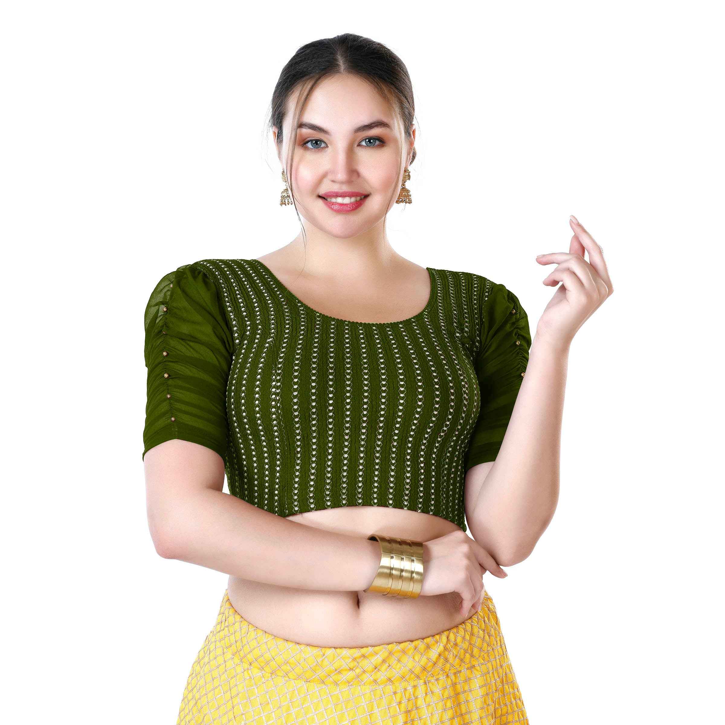 Stay On Trend: Latest Fashion Readymade Blouses for Women,round neckline,georgette ruched style sleeves with pearls embedded on the centre of the sleeve.33033