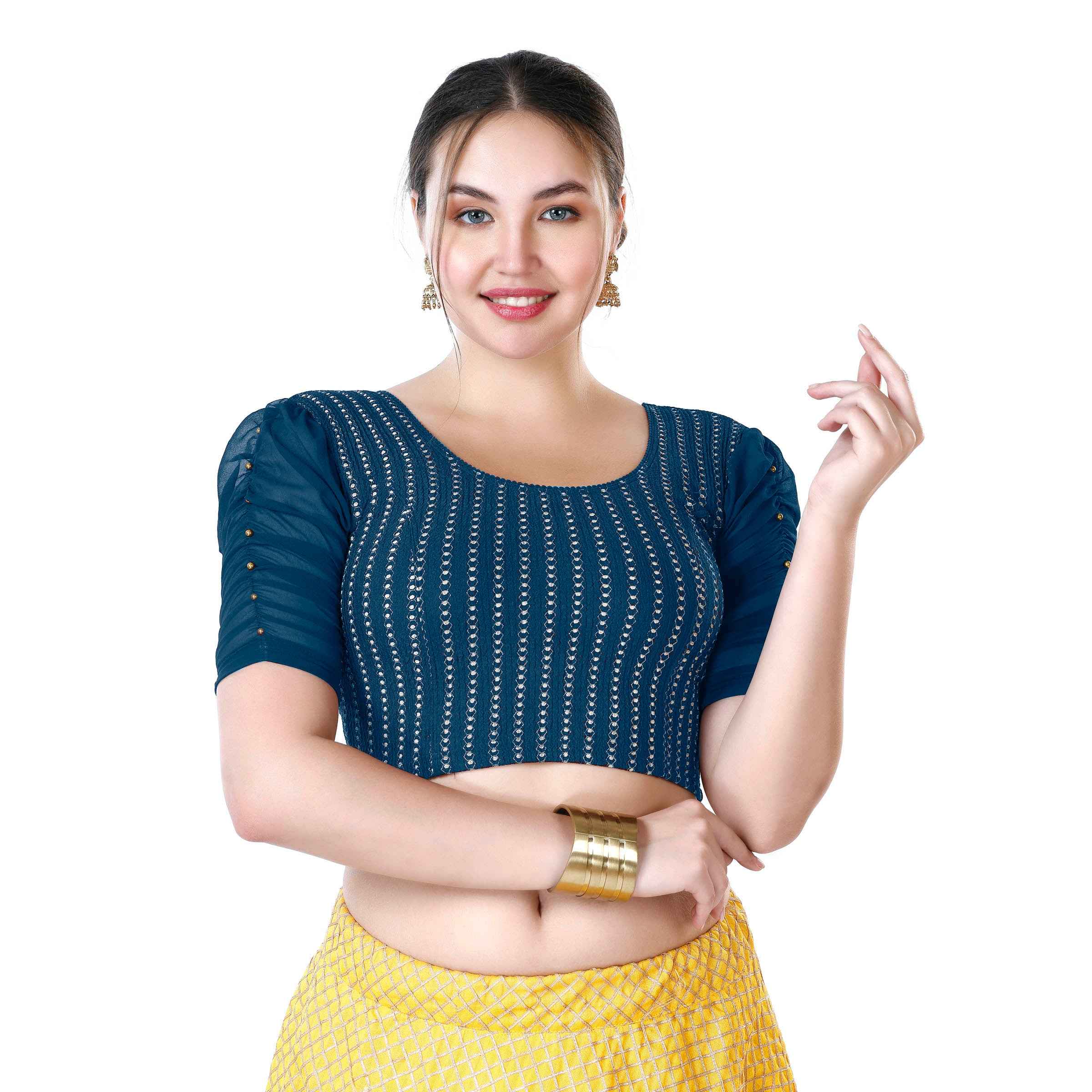 Stay On Trend: Latest Fashion Readymade Blouses for Women,round neckline,georgette ruched style sleeves with pearls embedded on the centre of the sleeve.33033