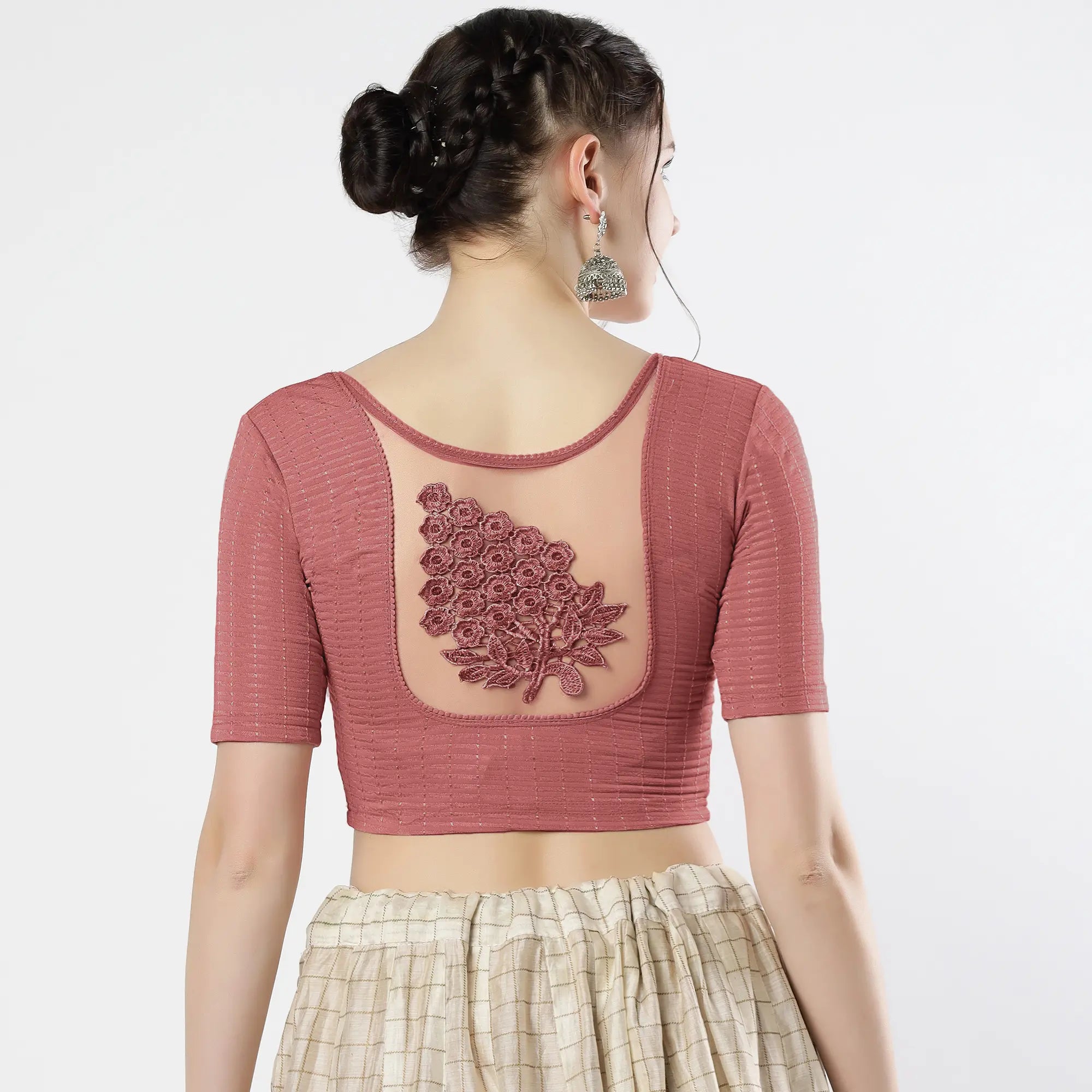 Stay On Trend: Latest Fashion Readymade Blouses for Women,round neckline,elbow sleeves with back details with an added hand dyed patch applique stitched on the net .40005 FINESTFIT