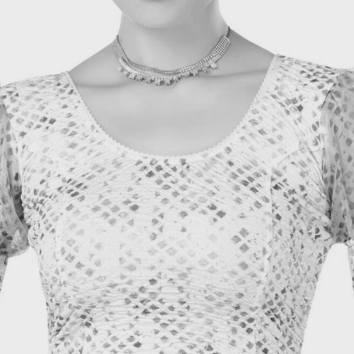 Stay On Trend: Latest Fashion Readymade Multicolour printed Blouses for Women,round neckline,Digitally printed organza balloon sleeves with afbric frill for extra oomph effect.20030.