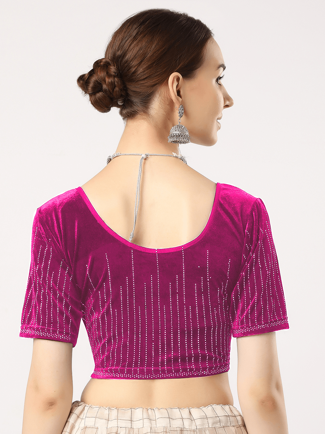 Stay On Trend: Latest Fashion Readymade Blouses for Women,round neckline,elbow sleeves covered all over in swarovski stones in designs.16045.