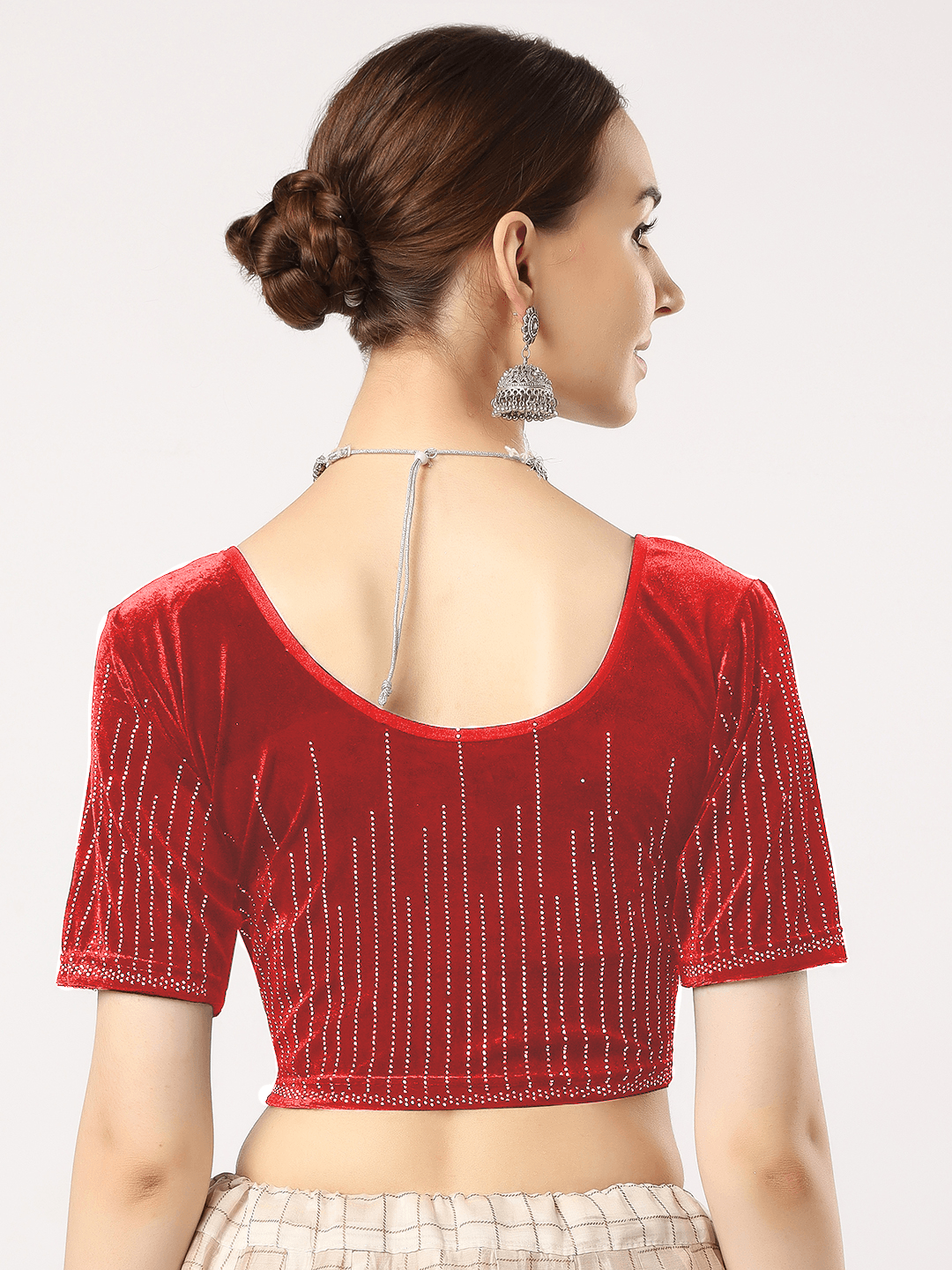 Stay On Trend: Latest Fashion Readymade Blouses for Women,round neckline,elbow sleeves covered all over in swarovski stones in designs.16045.