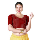Stay On Trend: Latest Fashion Readymade Blouses for Women,round neckline,georgette ruched style sleeves with pearls embedded on the centre of the sleeve.33033