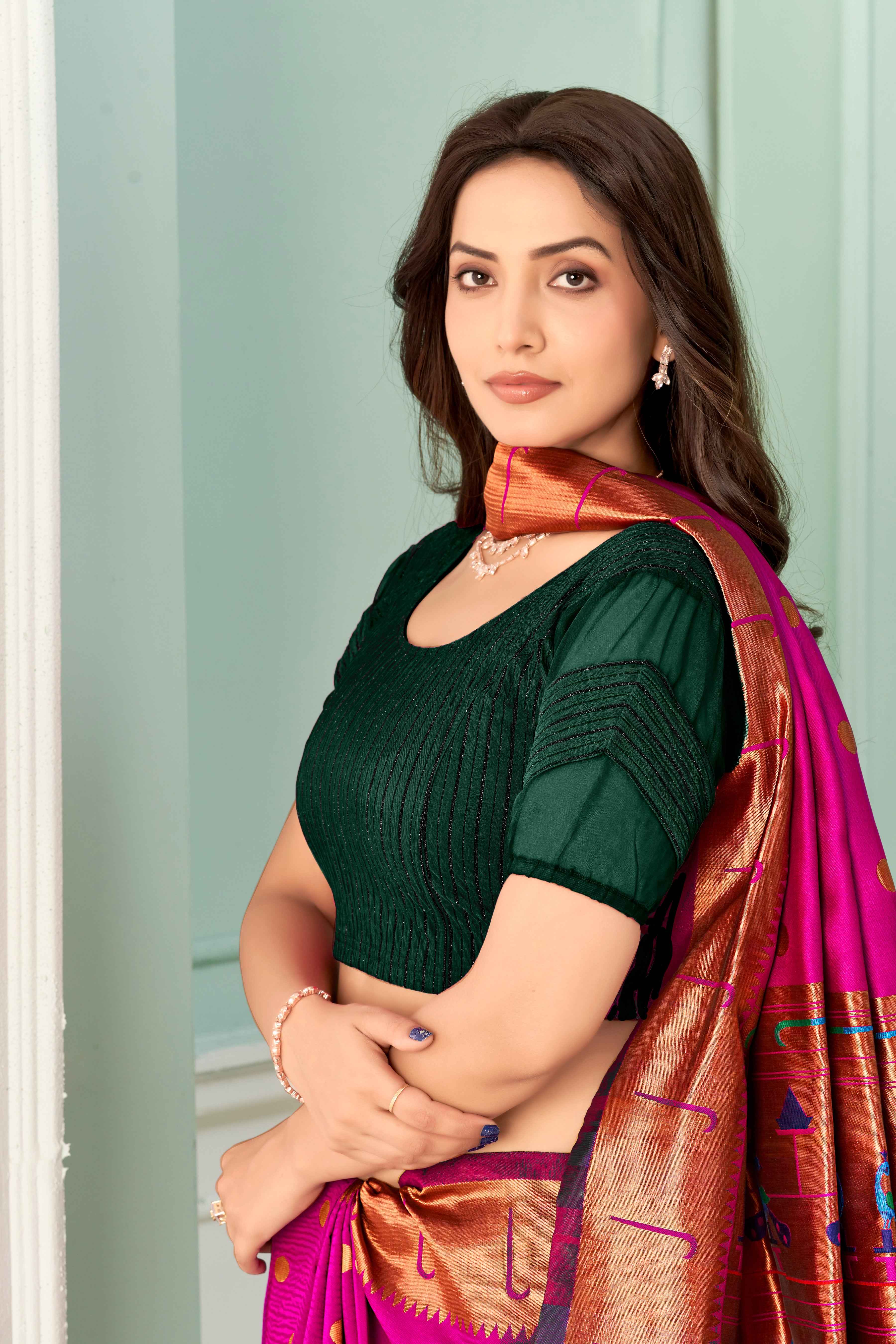 Stay On Trend: Latest Fashion Readymade Blouses for Women,round neckline,zig zag style organza & fabric elasticated sleeves.30002