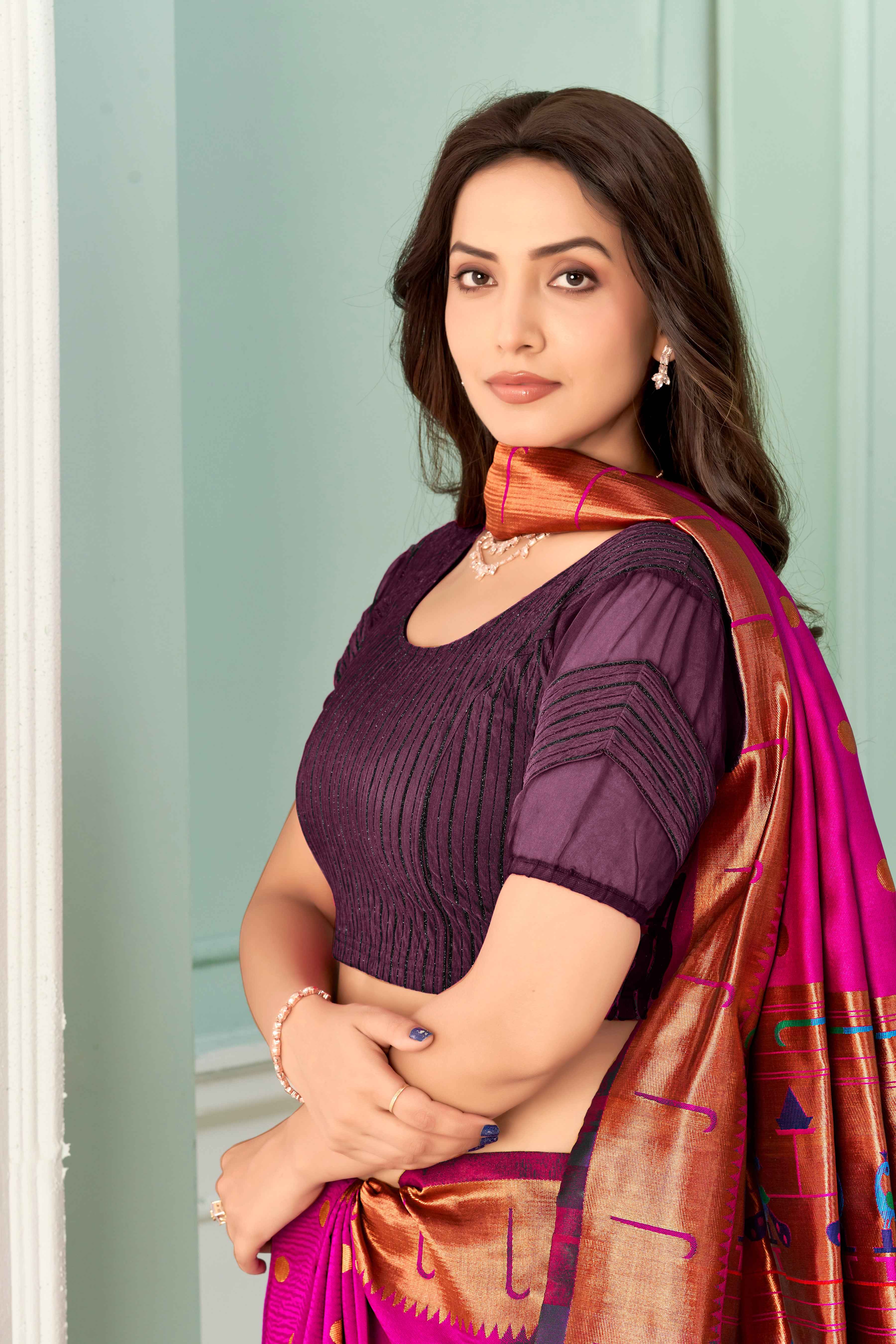 Stay On Trend: Latest Fashion Readymade Blouses for Women,round neckline,zig zag style organza & fabric elasticated sleeves.30002