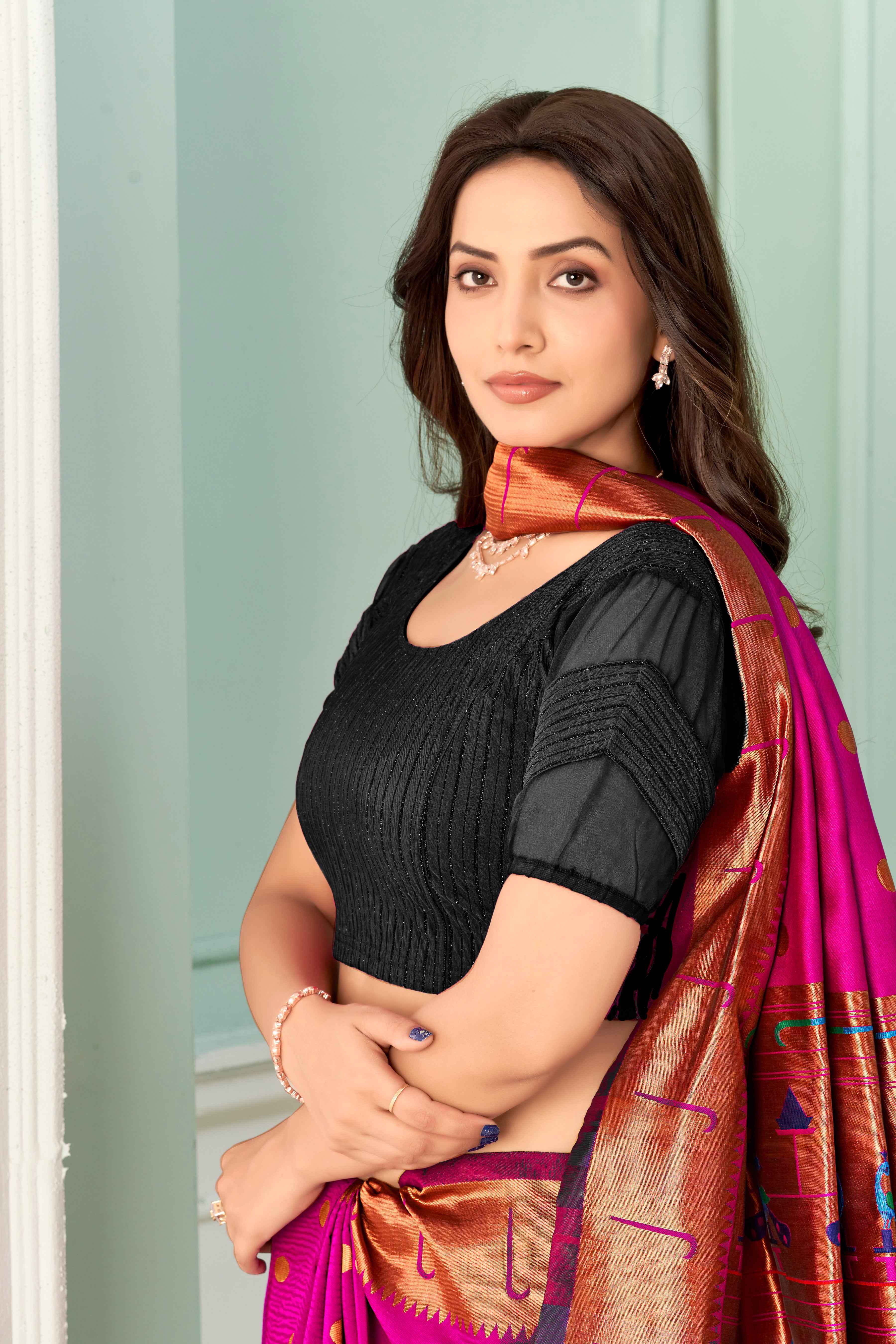 Stay On Trend: Latest Fashion Readymade Blouses for Women,round neckline,zig zag style organza & fabric elasticated sleeves.30002