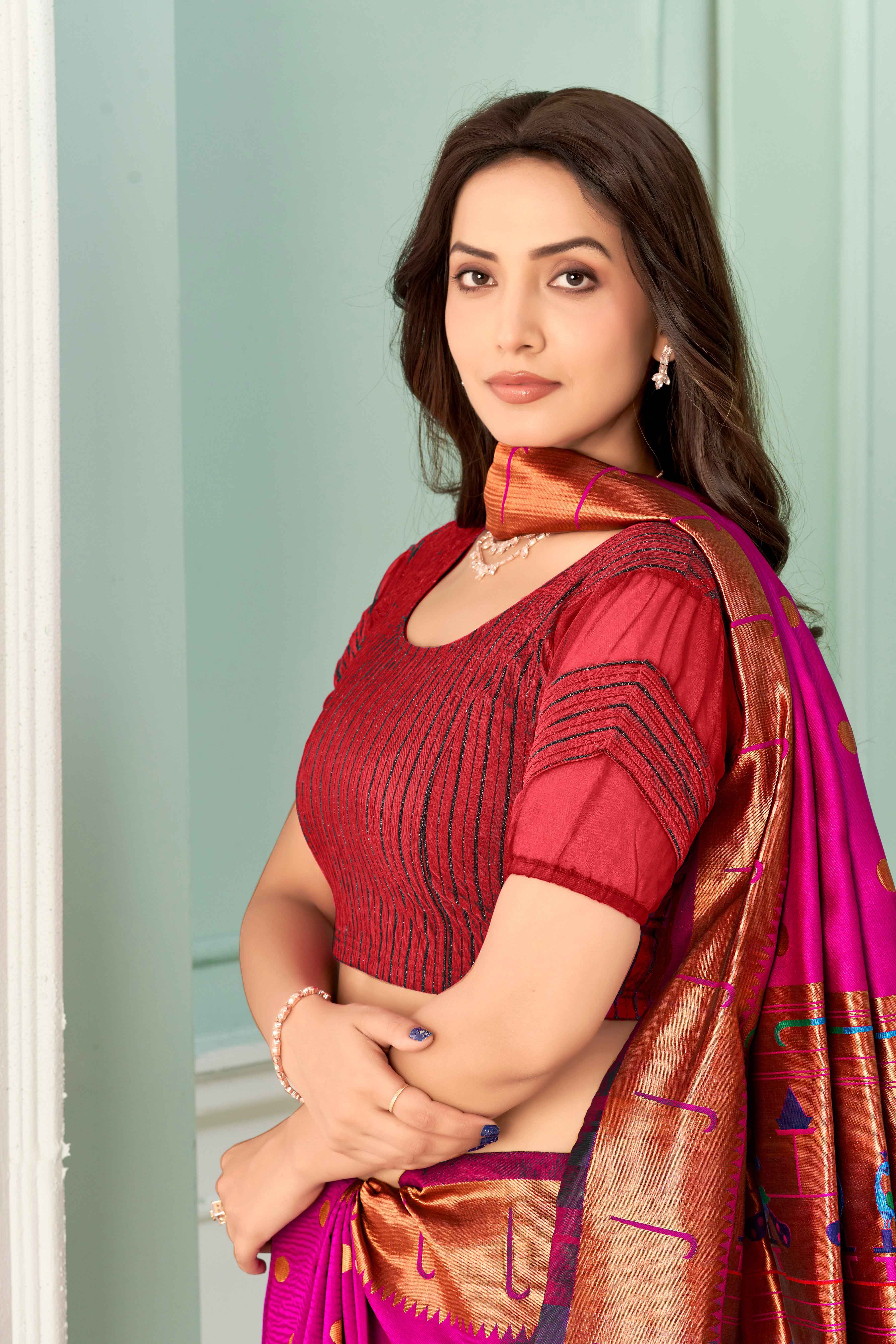 Stay On Trend: Latest Fashion Readymade Blouses for Women,round neckline,zig zag style organza & fabric elasticated sleeves.30002