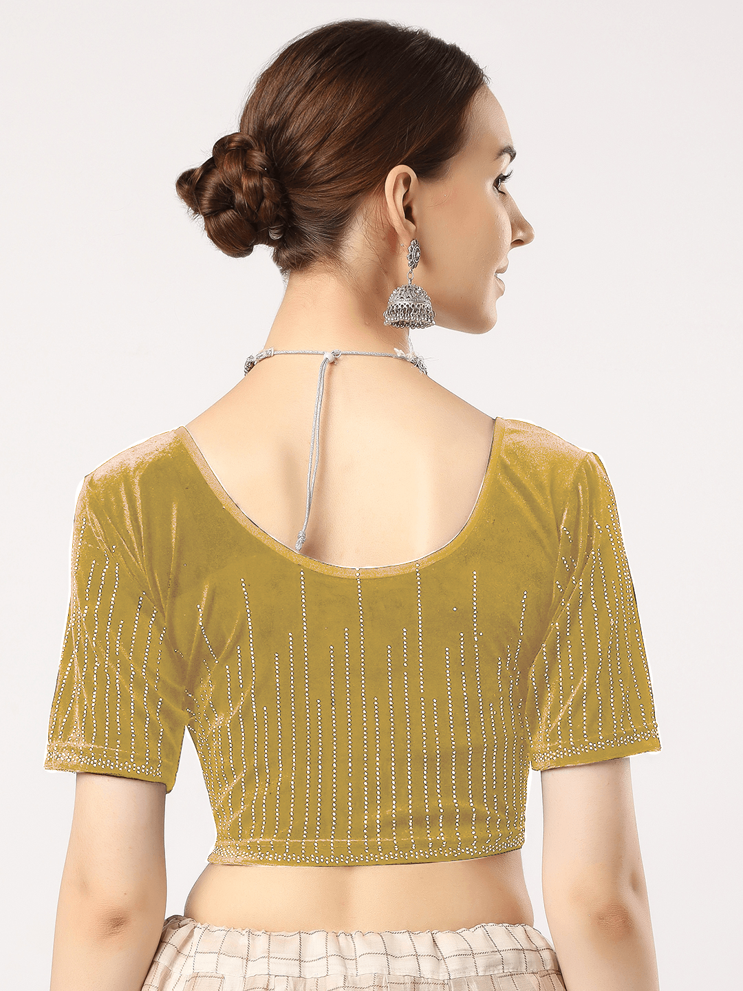 Stay On Trend: Latest Fashion Readymade Blouses for Women,round neckline,elbow sleeves covered all over in swarovski stones in designs.16045.