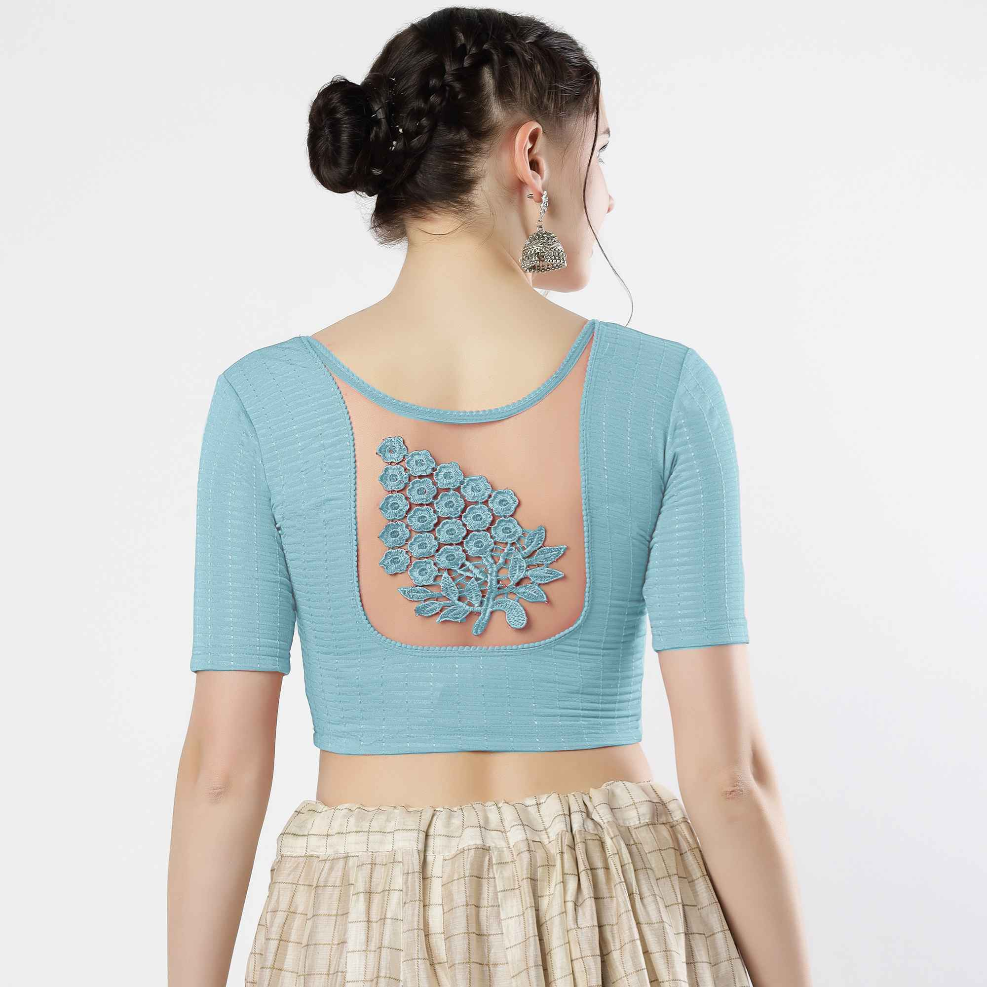 Stay On Trend: Latest Fashion Readymade Blouses for Women,round neckline,elbow sleeves with back details with an added hand dyed patch applique stitched on the net .40005