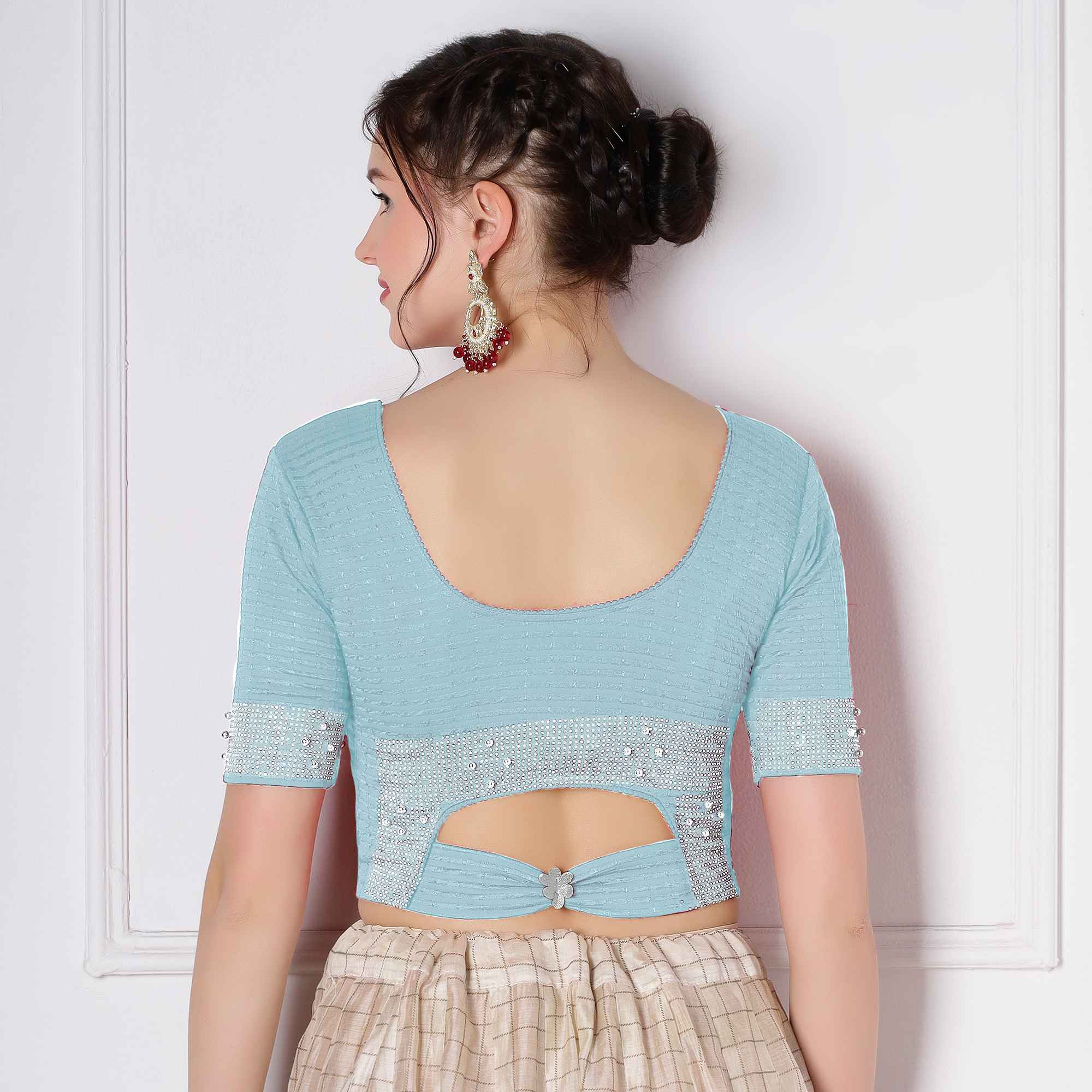 Stay On Trend: Latest Fashion Readymade Blouses for Women,round neckline,elbow sleeves with back bow detail and swarovski work on sleeves and back cut-out.32030