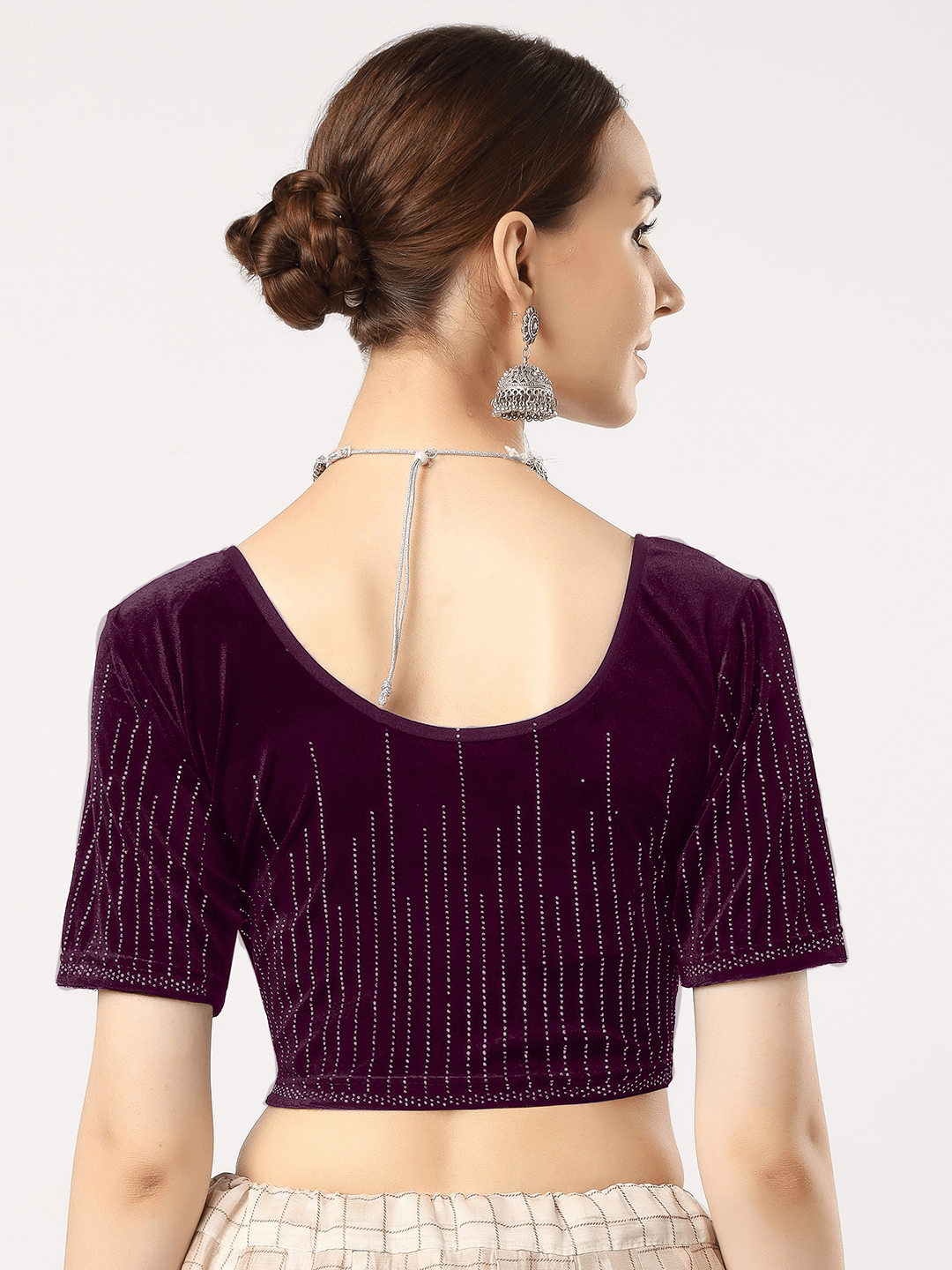 Stay On Trend: Latest Fashion Readymade Blouses for Women,round neckline,elbow sleeves covered all over in swarovski stones in designs.16045.