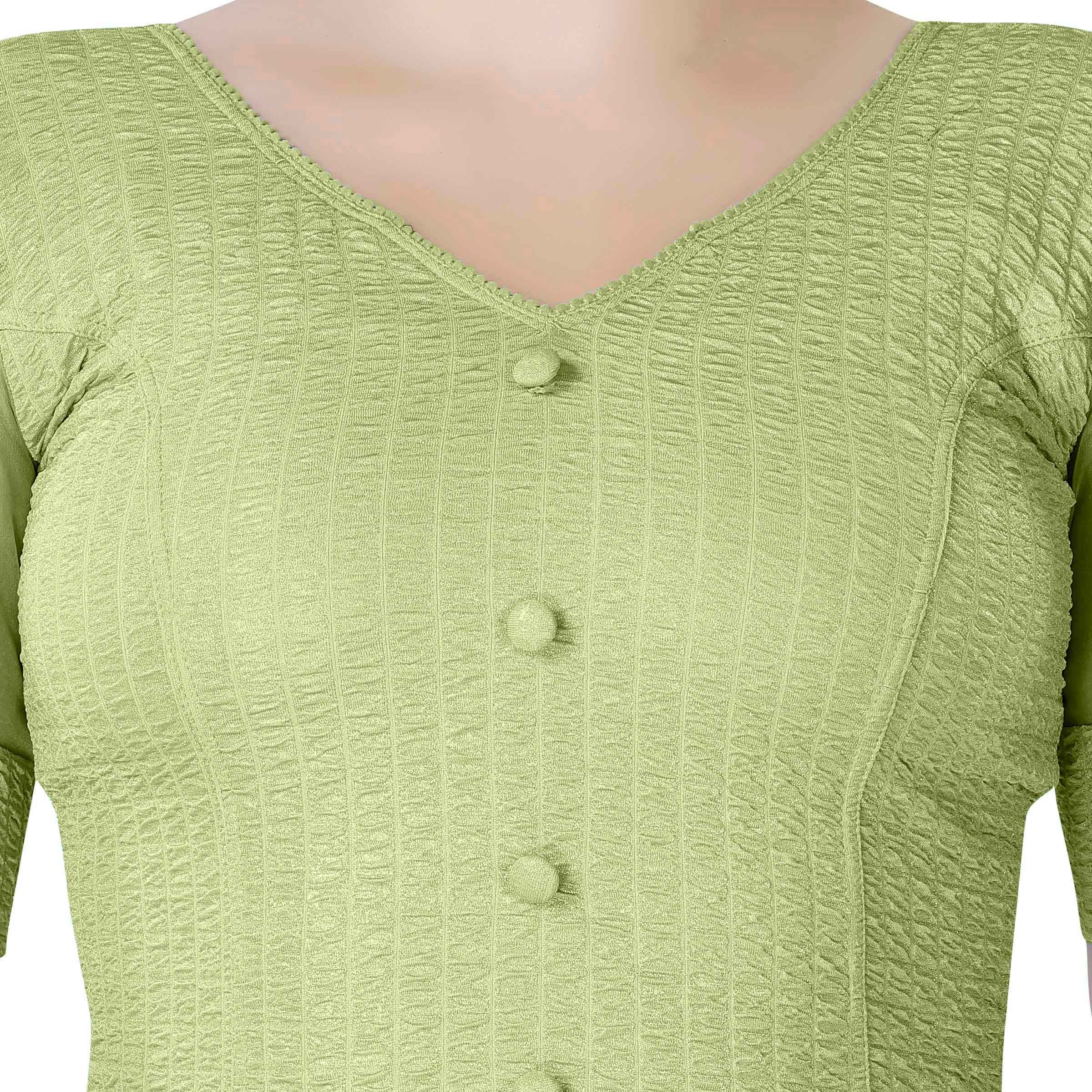 Stay On Trend: Latest Fashion Readymade Blouses for Women,V neckline ,organza balloon sleeves with fabric cuff and hand-made fabric buttons on center for an oomph effect.40050